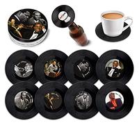 Retro Musique Juego de 8 posavasos de vinilo con abrebotellas magnético de leyendas del jazz | Bonitos posavasos de música para hombres y mujeres | Fantásticos regalos para amantes de la música
