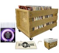 Retro Musique Wooden 12 "LP vinil Records Storage Box con Capacidad máxima para 100 Discos en Ruedas (Manguitos de PVC), la Portada de Hesse Incluye 50 Chaquetas de Vinilo(Acabado de Teca)