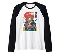 Retro Oso Japonés Comiendo Ramen Ukiyo-e Estética Camiseta Manga Raglan
