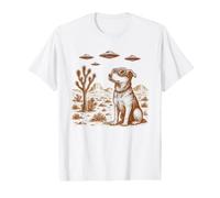 Retro Perro OVNI Desierto Vintage Ilustración Alien Ciencia Ficción Arte Camiseta gráfica económica