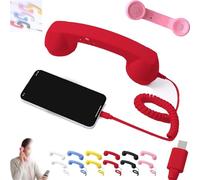 Retro Phone Handset, Cell Phone Receiver with Microphone & Speaker, 90s Phones Prop, Pop Phones Retro Handset, For Cell Mobile Video Conferences, Calls, Meetings (Red,Type-c)