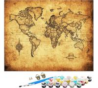 Retro Pintar por Numeros Adultos Sin Marco Lienzo 30x40cm, Pintar por Numeros Adultos Mapa del mundo Patrón con 3 Pinceles y Pigmento Acrílico, Paint by Numbers Adults Kit per Home Decor, Model124
