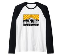 Retro Portland Oregon City Skyline Mount Hood Rayos de Sol Camiseta Manga Raglan