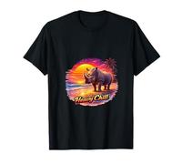 Retro Rhino Sunset Tropical Beach Ilustración Camiseta