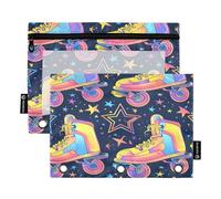 Retro Rollers Skates Disco Groovy Funky Patrón sin costuras sobre fondo azul oscuro, estuche para lápices para carpeta de 3 anillas, 2 estuches para lápices con cremallera, estuche transparente con