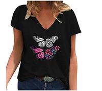 Retro Ropa Mujer Cintura Camiseta suelta Manga Corta Escote en V Estampado Blusa de Moda para Mujer, Black-1a, XL