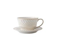 Retro Rough Pottery Ceramic Drinkware Water Tea Cup Pull Flower Latte Big Mouth Breakfast Dessert Home Decor Coffee Mug Set(Cup and Saucers-B)