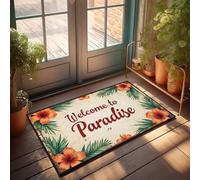 Retro Rugs Welcome To Paradise: Felpudo de señalización floral tropical, decoración de balcón, alfombra al aire libre para puerta delantera (65 x 90 cm)