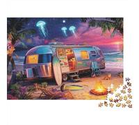 Retro RV Noche en la Playa Rompecabezas 1000 Piezas, RV Retro en Escena Nocturna de Playa, Estético y Desafiante, Decoración Hogar, Regalo para Familiares y Parejas, Adultos y Niños, 70x50cm