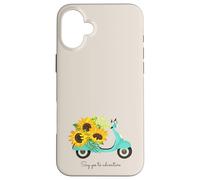 Retro Scooter and Sunflowers Say Yes to New Adventures Quote Carcasa para iPhone 16 Plus