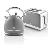 Swan Retro Set Desayuno Hervidor de Agua 1,8L Inalámbrico con Resistencia de Acero Inoxidable, Tostadora Pan Ranura Ancha 2 Rebanadas, Regulador 6 Niveles de Tostado, Diseño Vintage, Gris