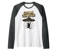 Retro Show ME Your Kitties Gato OVNI Mamá Hiss Pawsome Dad Camiseta Manga Raglan