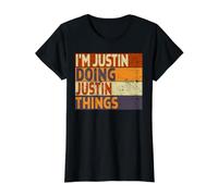 Retro, Soy Justin Haciendo Cosas de Justin, Divertida Broma de cumpleaños Camiseta gráfica económica, Mujer, Negro, S