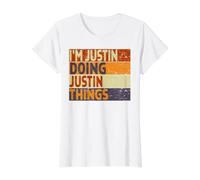 Retro, Soy Justin Haciendo Cosas de Justin, Divertida Broma de cumpleaños Camiseta gráfica económica, Mujer, Blanco, S