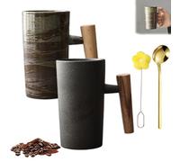Retro Stoneware with Wooden Handle, Handmade Ceramic Retro Stoneware Wooden Handle, Nordic Earth Mugs, 220ml Ceramic Mug, for Travel, Breakfast, Coffee Brewing (A+D)