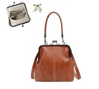 Retro Style Crossbody Bag,Vintage British Style Handbag for Women Girls,Women's Mini Kiss Lock PU Leather Shoulder Purse (Brown)