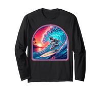 Retro Surfer Riding Vibrant Ocean Wave Manga Larga