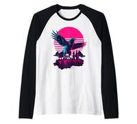 Retro Synthwave Kaiju Monstruo Cuervo Ciudad Cuervos Camiseta Manga Raglan