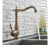 Retro Tallado Grifo del fregadero de la Cocina,Cocina Familiar Moderno y Baño, Grifo Mezclador de Cobre Antiguo Palanca Lavabo Grifos de Lavabo Con Caño Giratorio