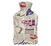Retro UK Newspaper London - Botella de agua de goma con cubierta de felpa suave, bolsa de agua caliente para invierno, manos y pies, protección contra el frío, 1000 ml