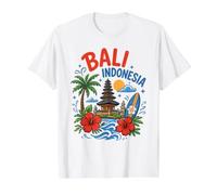 Retro Vintage Bali Indonesia Templo Tropical Palmera Surf Camiseta gráfica económica, Hombre, Blanco, S
