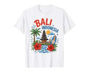 Retro Vintage Bali Indonesia Templo Tropical Palmera Surf Camiseta gráfica económica, Hombre, Blanco, S