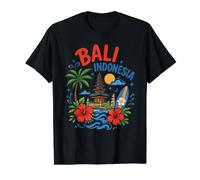 Retro Vintage Bali Indonesia Templo Tropical Palmera Surf Camiseta gráfica económica, Hombre, Negro, S