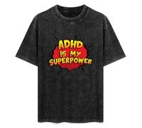 Retro Washed Shirt Men's Unisex ADHD is My Superpower Round Neck Antique Wash T-Shirt Short Sleeve Black S