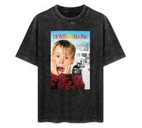 Retro Washed Shirt Men's Unisex Home Alone in Round Neck Antique Wash T-Shirt Short Sleeve Black XL