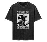 Retro Washed Shirt Men's Unisex Strawberry Switchblade Round Neck Antique Wash T-Shirt Short Sleeve Black 3XL