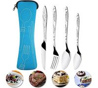 RetroFun Juego de 4 cubiertos de acero inoxidable con tenedor para cubertería, juego de vajilla ligera portátil para acampar o casa/fiesta