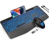 Retroiluminación inalámbrica para teclado y mouse, reposamuñecas, mouse LED, teclado ergonómico recargable con soporte para teléfono, combo de luz silenciosa para computadora, Mac, PC, portátil