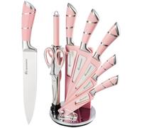 Retrosohoo - Juego de cuchillos de cocina de 9 piezas, con filo y antiadherentes, incluye soporte y afilador, cuchillos de chef de acero inoxidable para cortar, picar y rebanar, rosa