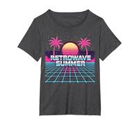 Retrowave Summer: Puesta de Sol Tropical Inspirada en los años 80 Camiseta, Mujer Tallas Grandes, Jaspeado Oscuro, 1XL Grande