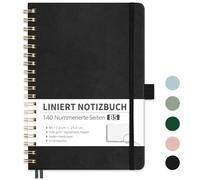 RETTACY Bloc de notas B5 a rayas, Bullet Journal con papel grueso de 100 g/m², 70 hojas/140 páginas numeradas, cuaderno universitario para oficina y escuela, funda de piel, color negro, 17,6 cm x 25