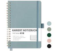 RETTACY Bloc de notas B5 cuadriculado Bullet Journal con papel grueso de 100 g/m², 70 hojas, cuaderno para oficina y escuela, funda de piel, color gris y azul, 17,6 cm x 25 cm