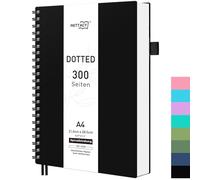 RETTACY Cuaderno A4 con Puntos, Cuaderno en Espiral, 300 Hojas/150 Páginas para Escribir, 100 g/m², Tapa Dura de PVC, para Mujeres, Hombres, Trabajo, Oficina, Escuela, 21,5 x 27,9 cm, Negro