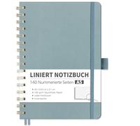 RETTACY Cuaderno A5 a rayas, Bullet Journal con papel de 100 g/m², 70 hojas/140 páginas numeradas, bloc de notas para oficina y escuela, funda de cuero, gris-azul, 14,8 cm x 21 cm