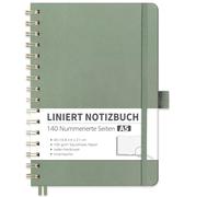 RETTACY Cuaderno A5 a rayas, Bullet Journal con papel grueso de 100 g/m², 70 hojas/140 páginas numeradas, cuaderno universitario para oficina y escuela, funda de piel, color verde claro, 14,8 cm x 21