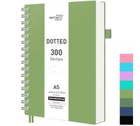 RETTACY Cuaderno A5 con Puntos, Cuaderno en Espiral, 300 Hojas/150 Páginas para Escribir, 100 g/m², Tapa Dura de PVC, para Mujeres, Hombres, Trabajo, Oficina, Escuela, 14,5 x 21 cm, Verde