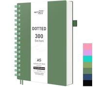 RETTACY Cuaderno A5 Punteado, Bullet Journal Espiral Punteado con 300 Páginas, Libreta de Anillas de Tapa Blanda 100 g/m² Gruesa para Mujeres Hombres Trabajo Oficina Escuela, 14.5 x 21 cm - Verde