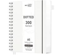 RETTACY Cuaderno A5 Punteado, Bullet Journal Espiral Punteado con 300 Páginas, Libreta de Anillas de Tapa Blanda 100 g/m² Gruesa para Mujeres Hombres Trabajo Oficina Escuela, 14.5 x 21 cm