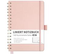 RETTACY Cuaderno A5 rayado, Bullet Journal con papel grueso de 100 g/m², 70 hojas/140 páginas numeradas, bloc universitario para oficina y escuela, funda de piel, oro rosa, 14,8 cm x 21 cm