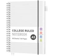 RETTACY Cuaderno de espiral A5, forrado, cubierta de plástico flexible, papel rayado universitario, 80 hojas/160 páginas, 100 g/m², con bolsillo, lazo para bolígrafo, regla y marcapáginas