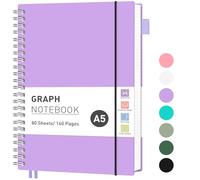 RETTACY Cuaderno de papel cuadriculado, 160 páginas, tamaño A5 (14,5 x 21 cm), 5 mm por cuadrado, papel grueso de 100 g/m², cubierta de plástico flexible, encuadernado en espiral, para escuela