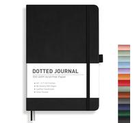 RETTACY Cuaderno punteado, 192 páginas, tamaño mediano A5 (5.7 x 8.3 pulgadas), tapa dura de cuero, papel grueso de 100 g/m², para diario, planificación, seguimiento (negro)