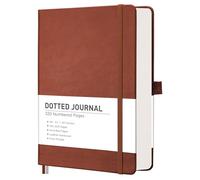 RETTACY Cuaderno punteado, 320 páginas numeradas, tamaño mediano A5 (5.7 x 8.3 pulgadas), tapa dura de cuero, papel grueso de 100 g/m², para diario, planificación, seguimiento (marrón)