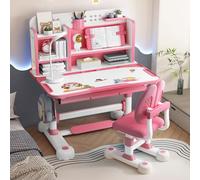 reukmuuc Juego de escritorio y silla ajustable para niños, escritorio de estudio de altura ajustable con soporte de lectura inclinable, cajón extragrande, lámpara de mesa LED, para niños de 3 a 18