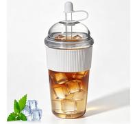 Reusable Iced Coffee Cups with Lids and Straws 17oz Bobas Cup Straw, Iced Coffee Cup Reusable, with Silicone Sleeve, Dome Top,Ribbed Grip,Home Office Commute (#4)