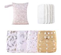 Reusable Nappies, Cloth Nappies, Baby Cloth Diapers, 4x Adjustable Diaper Set with Liners & Wet Bag, Hangable Buckle, Breathable Absorbent Inserts for Leak Protection